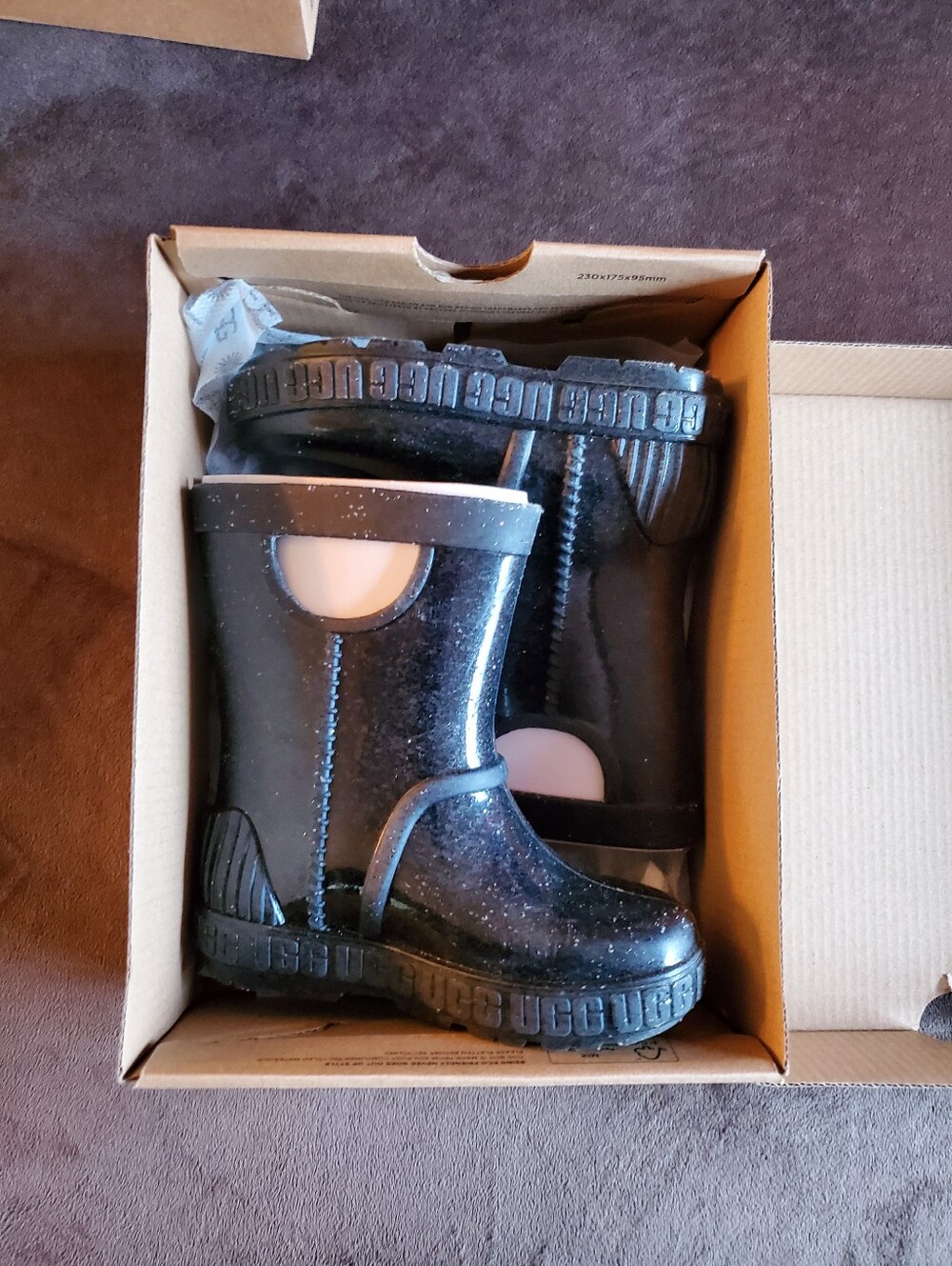 UGG Kids Black Glitter Rain Boots with Side Handles - Picture 1 of 7